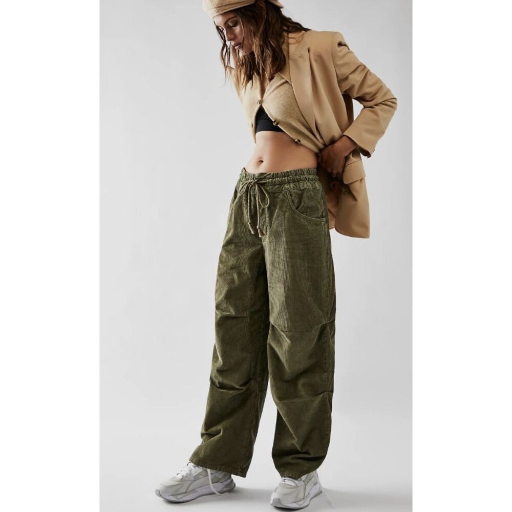 Free People Olive Green Modern Love Pull On Cord Jeans Sz Medium Elastic Waist